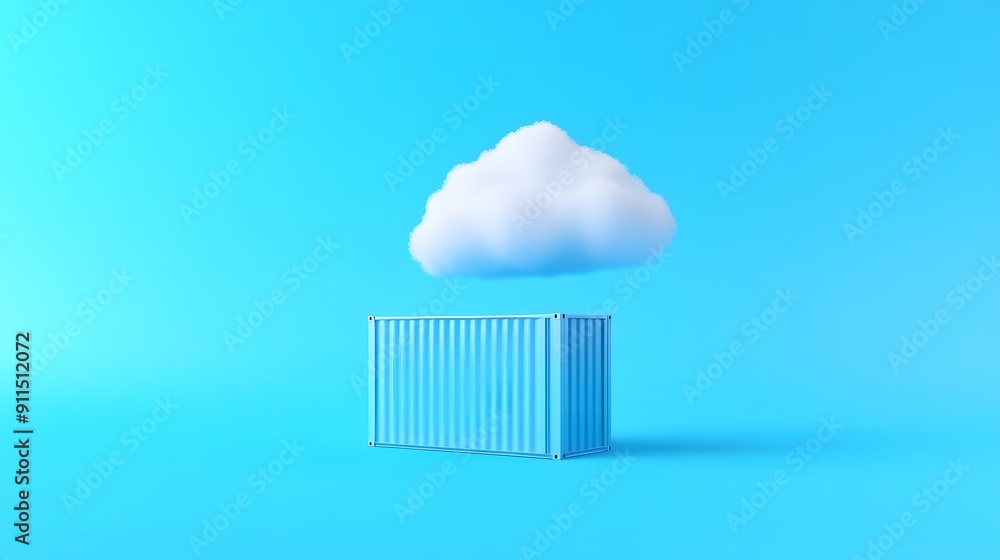 Poster minimalistic image of a cloud hovering above a shipping container, symbolizing cloud computing and s