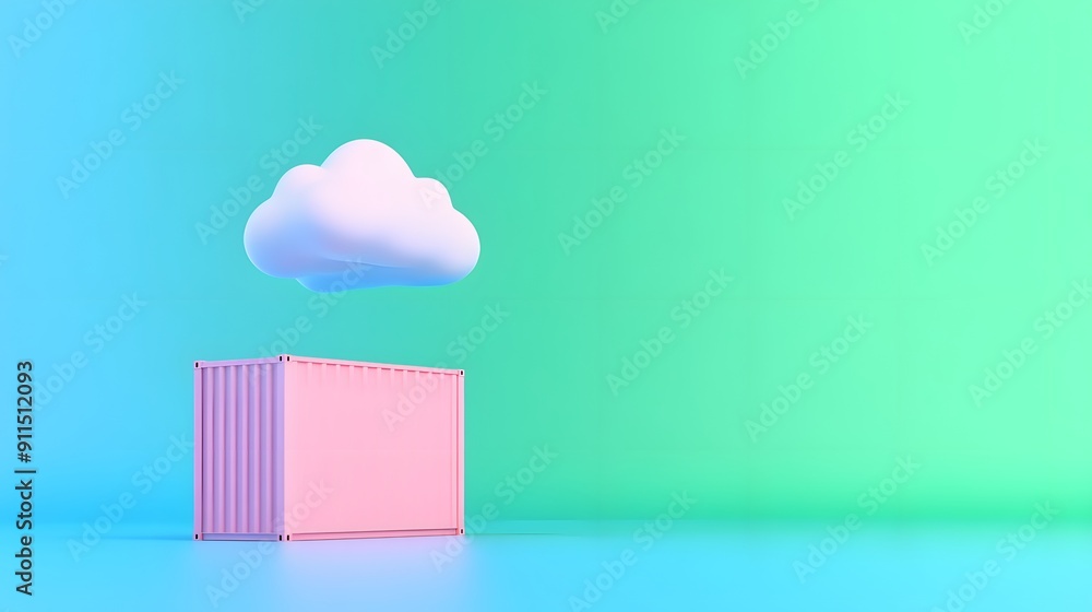 Poster minimalistic image of a fluffy cloud hovering above a pink shipping container against a vibrant grad