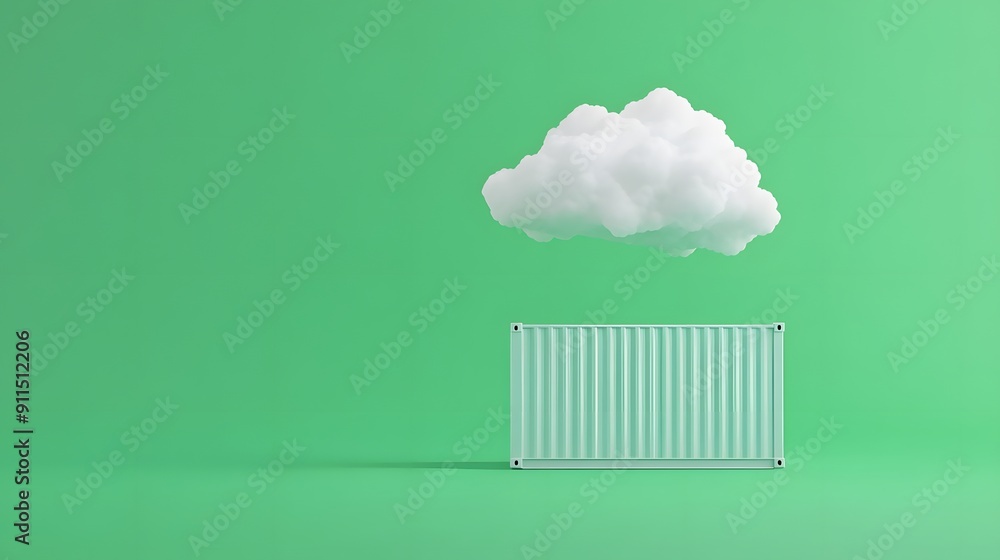 Poster minimalistic image of a white cloud floating above a shipping container against a vibrant green back