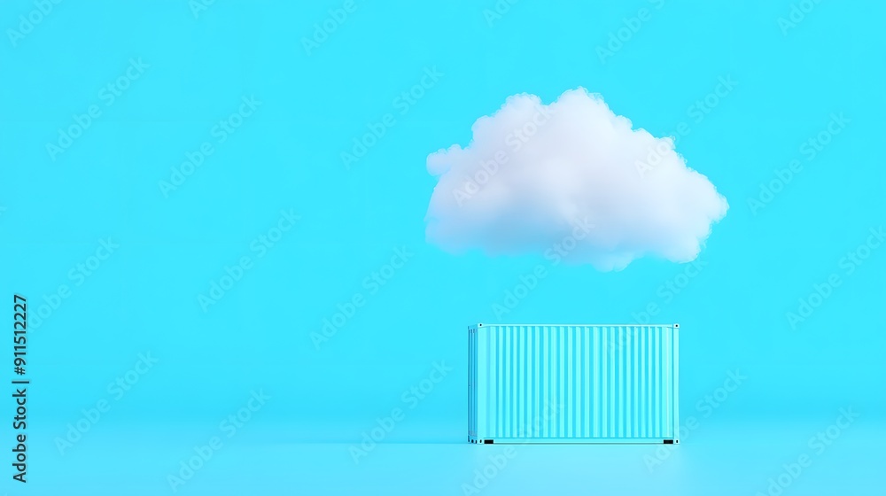 Poster minimalistic image of a white cloud floating above a teal shipping container on a bright blue backgr