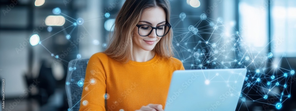Poster startup, businesswoman leading an algorithm-based startup, dynamic and innovative workspace