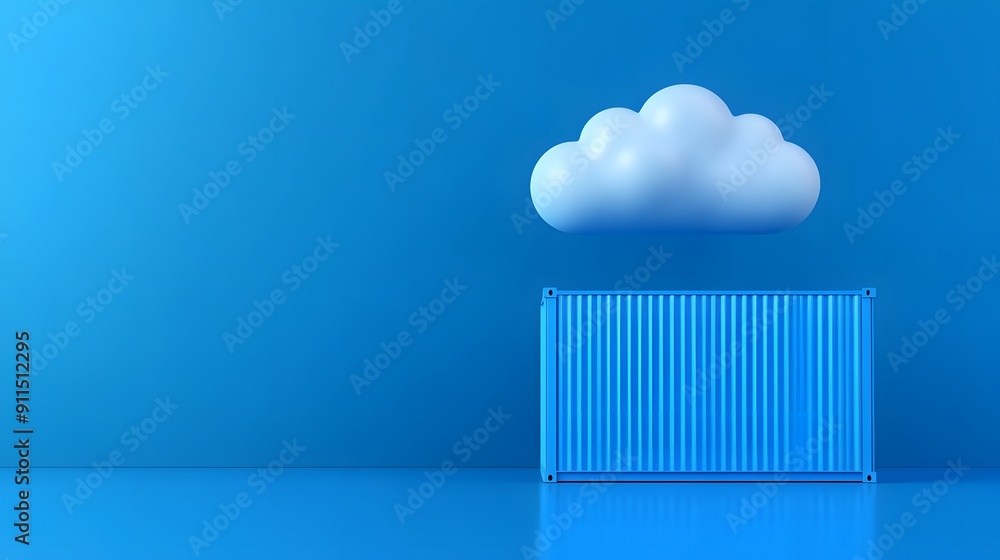 Poster minimalistic image of a white cloud over a blue shipping container on a blue background, symbolizing