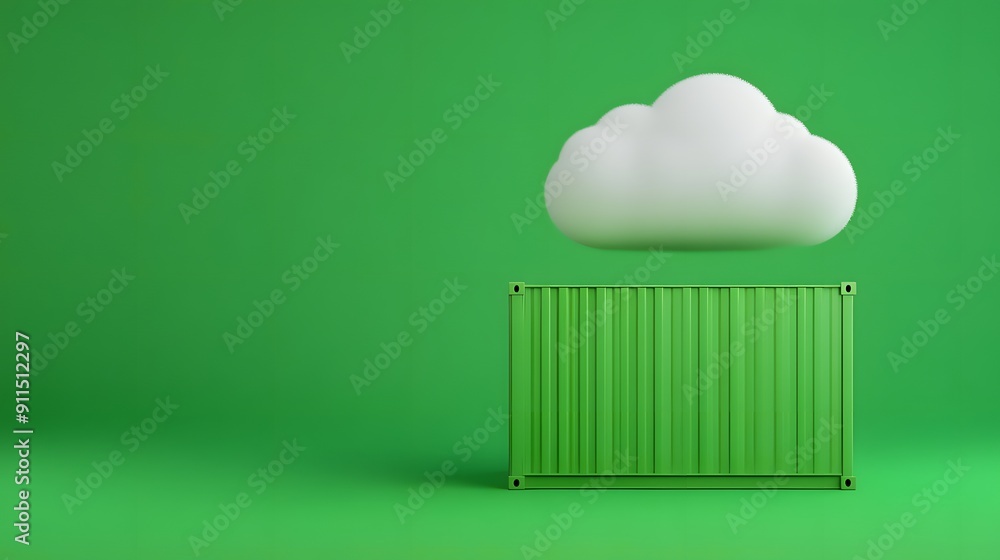 Poster minimalistic image of a white cloud hovering above a green shipping container on a green background.
