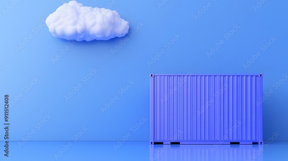 Poster minimalistic scene with a purple shipping container and a fluffy cloud on a blue background. modern 