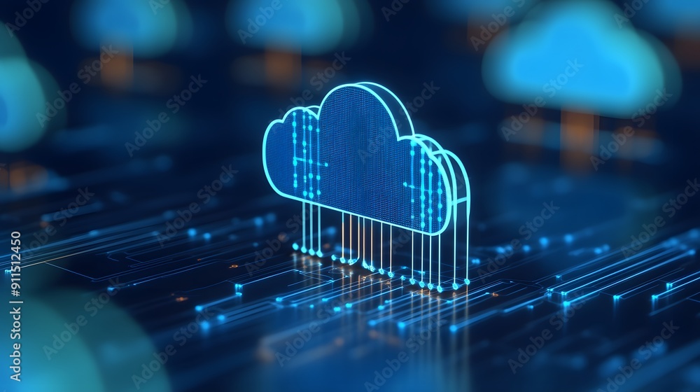 Poster modern 3d cloud computing concept with glowing blue cloud symbol on digital background representing 