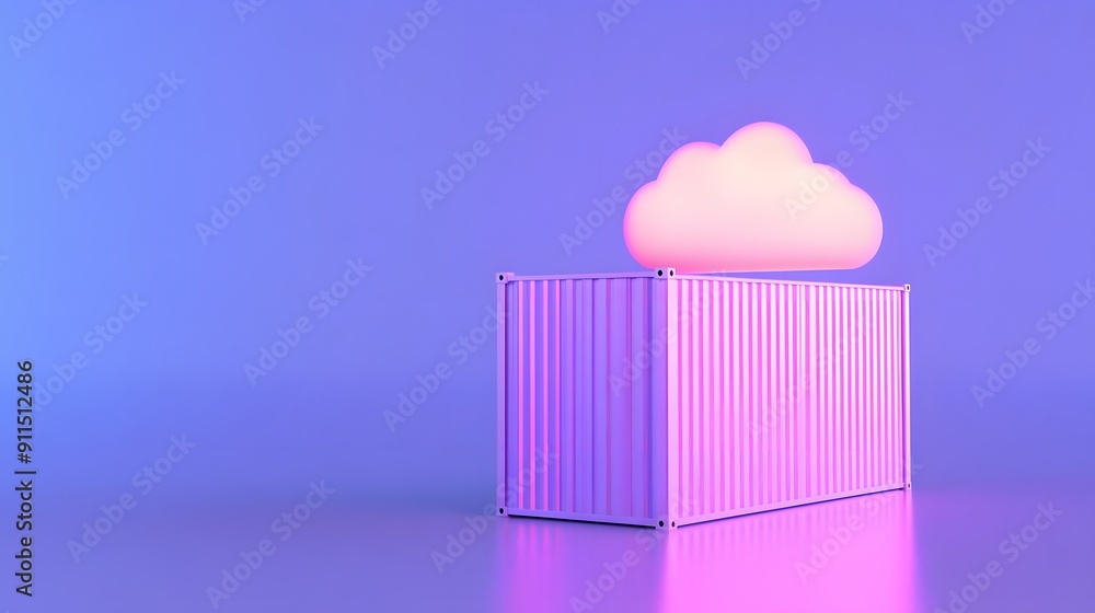 Poster modern 3d illustration of a glowing cloud above a pink shipping container on a vibrant gradient back