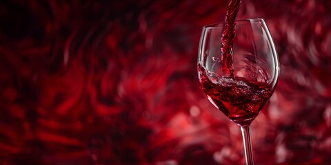 Red wine being poured into glass against swirling red background