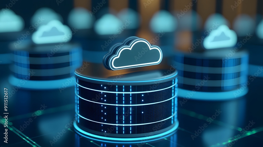 Poster modern cloud computing concept showcasing data storage with blue lights, symbolizing digital technol
