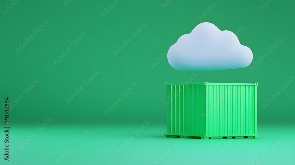 Poster modern conceptual image of a cloud hovering above a green shipping container set against a matching 