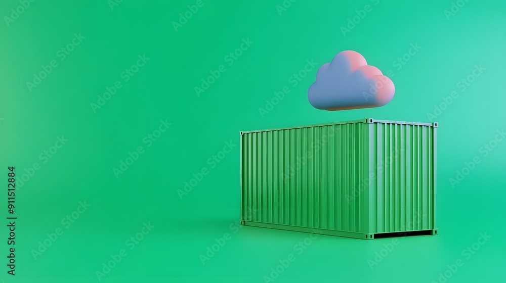 Poster modern conceptual image of a green shipping container on a green background with a floating cloud, s