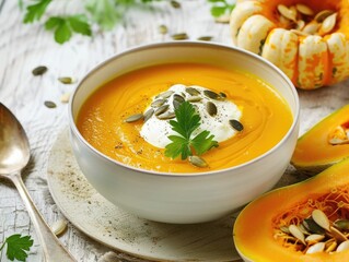A warm bowl of pumpkin soup served with a spoon and surrounded by autumn pumpkins