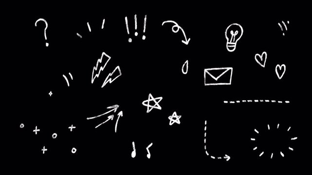 Cute doodle icons, wiggle animation stickers: question marks, arrows, stars, sparkles, light bulb, heart, music notes, surprised, rough pencil crayon style on a transparent background, alpha channel