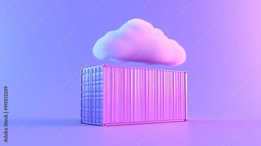 Poster modern technological representation with a cloud hovering over a shipping container in a vibrant gra