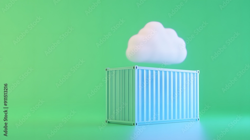 Poster modern, minimalist illustration of a shipping container with a cloud floating above, symbolizing clo