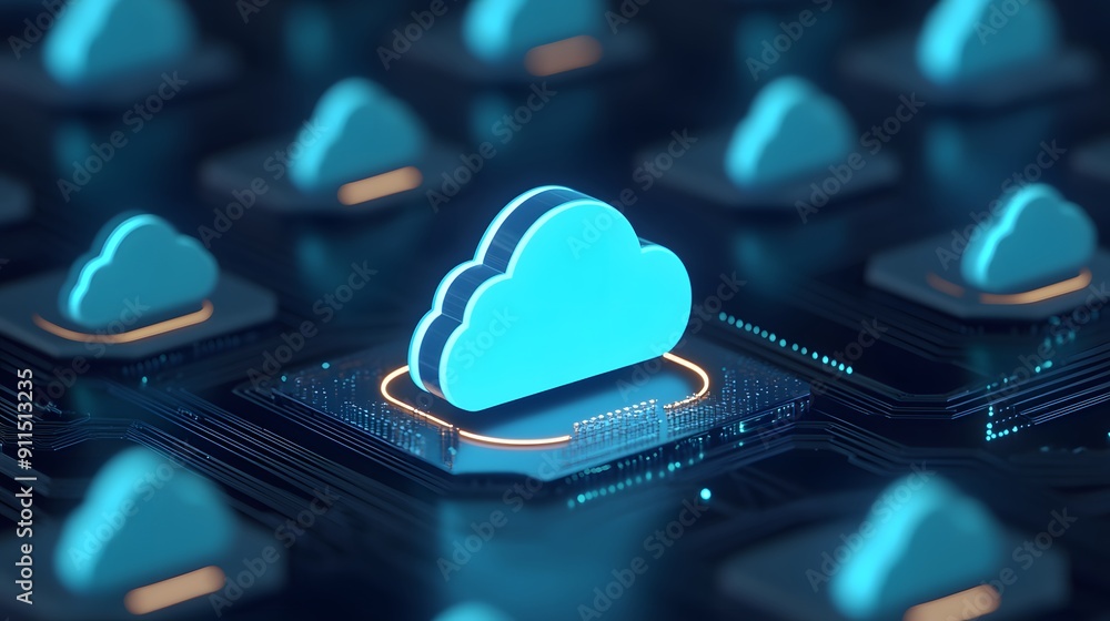 Poster multiple cloud computing icons on a digital background representing data storage, innovation, and mo