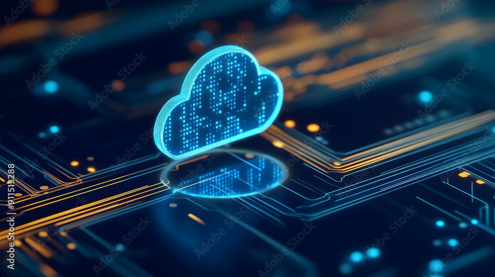 Aufkleber neon blue cloud computing hologram over circuit board representing digital data storage, technology 
