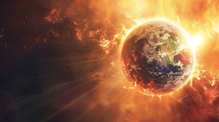 depiction of Earth being hit by a powerful solar storm with intense flames and energy
