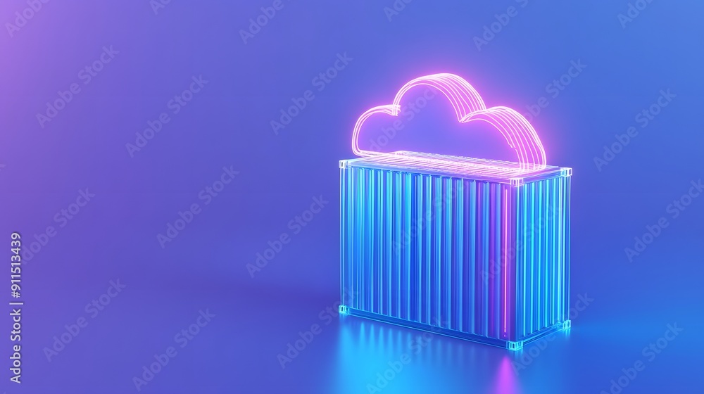 Poster neon cloud and container on a vibrant blue-purple gradient background symbolizing cloud computing an