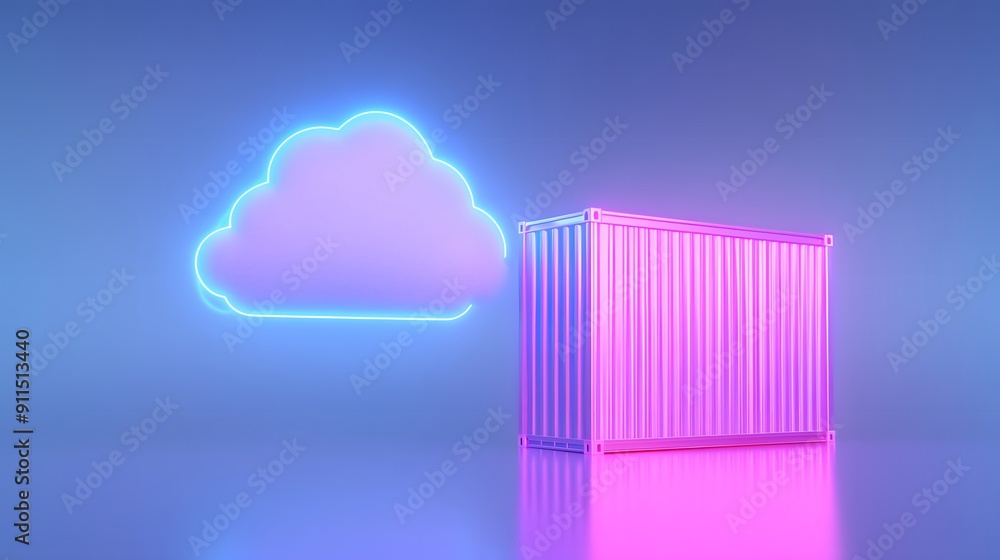 Aufkleber neon cloud and shipping container, digital concept. illuminated cloud computing and logistics repres