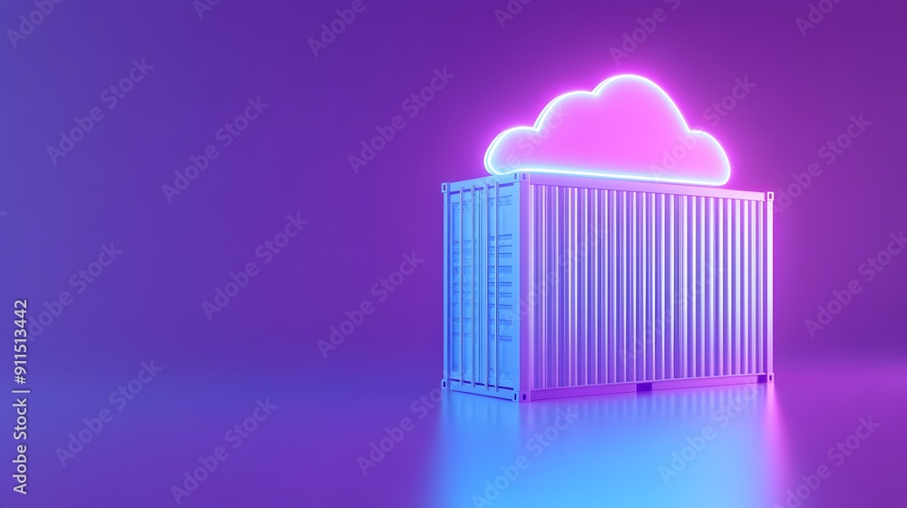 Poster neon cloud and shipping container in futuristic setting, symbolizing cloud storage, digital data con