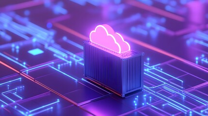 Fototapeta premium Neon cloud computing concept with a container model on a technological circuit board background, representing modern digital infrastructure.