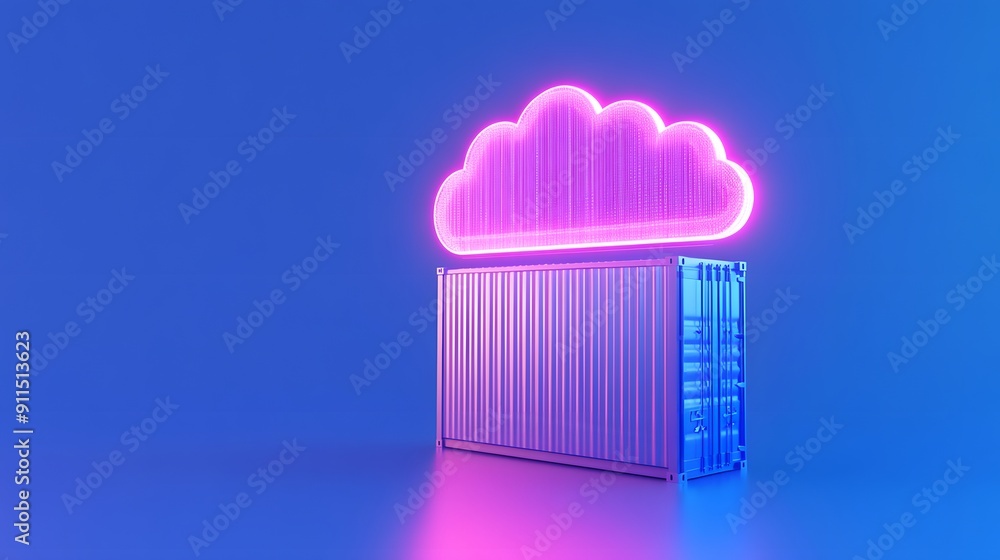 Poster neon cloud icon above shipping container, representing cloud computing and data storage in a futuris