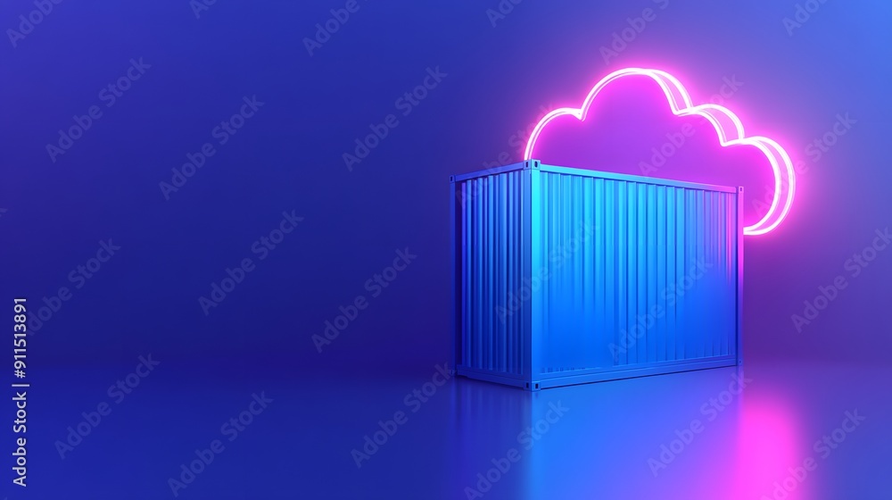 Poster neon cloud icon with a blue container on a purple background, symbolizing cloud computing and storag
