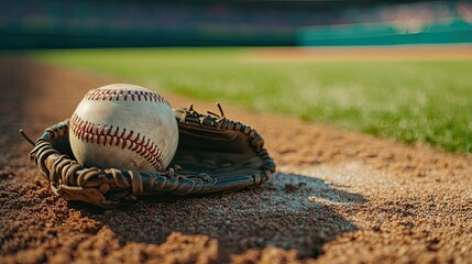 Close up of a baseball and glove on sport stadium field background. Sports banner. Baseball advertisement