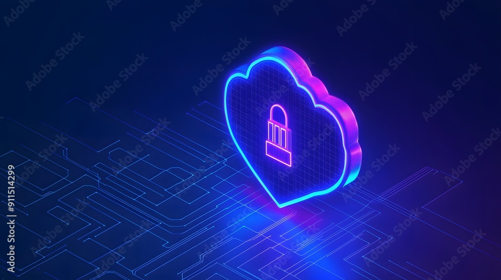 Poster neon cloud with padlock icon representing secure cloud computing and data protection on a cyber digi