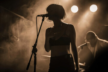 The artist on stage in bright lights, immersed in the performance, creates an atmosphere of creativity and inspiration