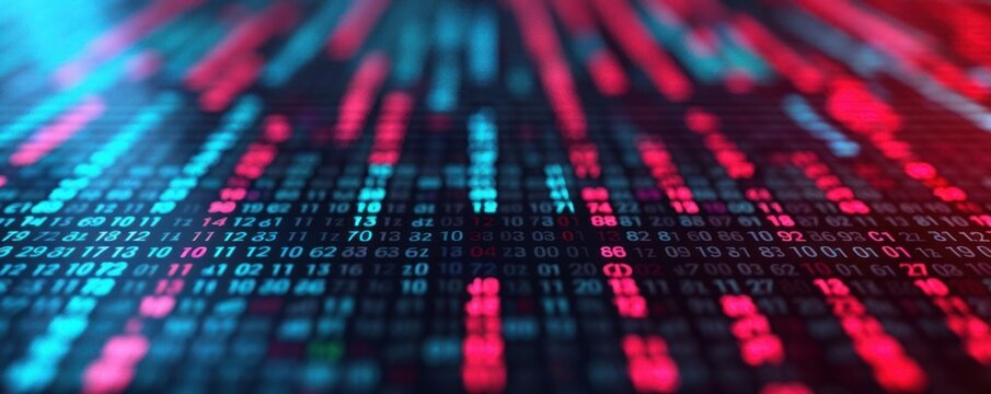 Abstract background of blue and red binary code representing digital data, technology, and cybersecurity. Blurred background.