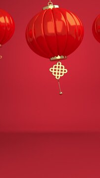 Chinese style animation lantern on red background. Happy chinese new year, paper cut flower and asian elements with craft style. Web card or business banner. Vertical, phone wallpaper