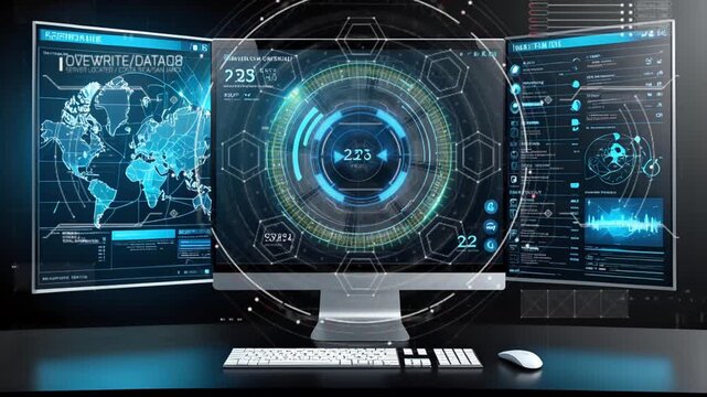 Multi-screen computer setup displaying a futuristic digital interface with data analytics in a high-tech office environment. Advanced technology and data visualization concept. Seamless looping 4k tim