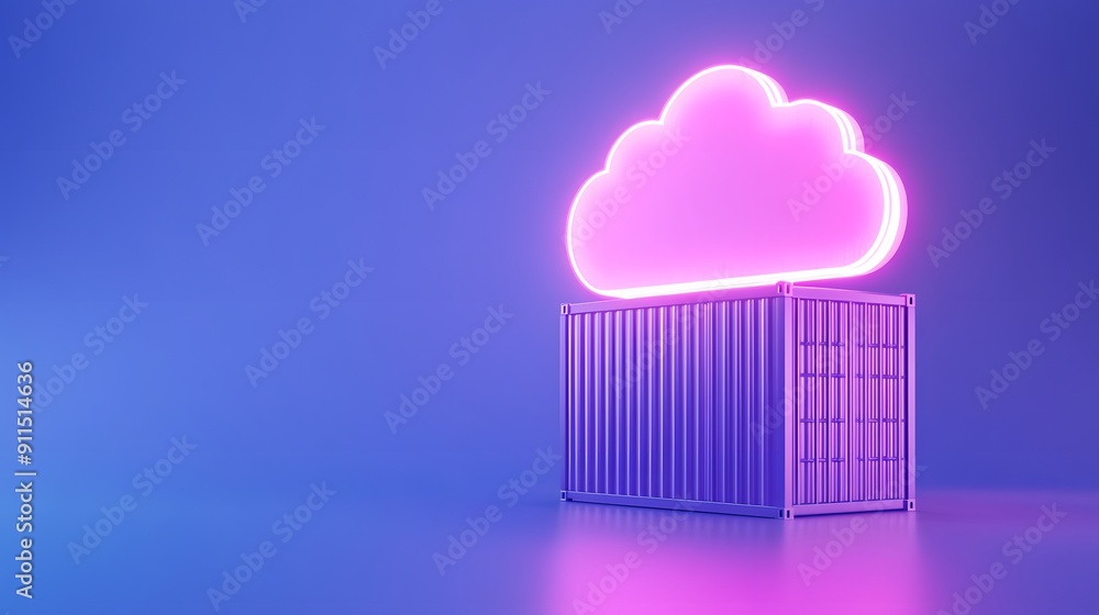 Poster neon pink cloud above a container, representing cloud computing and data storage in a futuristic set