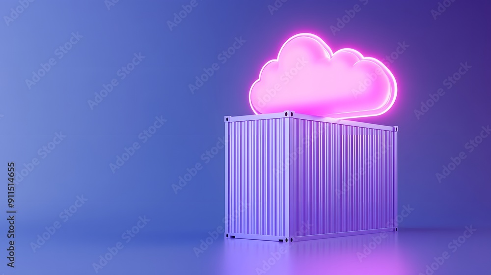 Poster neon pink cloud floating above a shipping container on a purple background symbolizing cloud computi