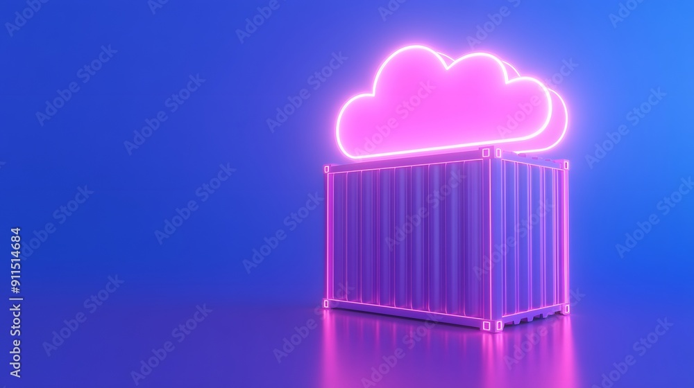 Poster neon pink cloud icon above a shipping container on a blue background, representing cloud computing a