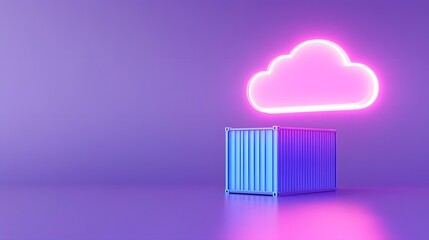 Neon pink cloud icon hovering above a blue metal container on a purple backdrop. Futuristic cloud storage concept image.