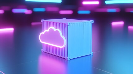 Neon-lit cloud computing concept with futuristic shipping container, glowing lights, and vibrant colors in a digital 3D rendered environment.