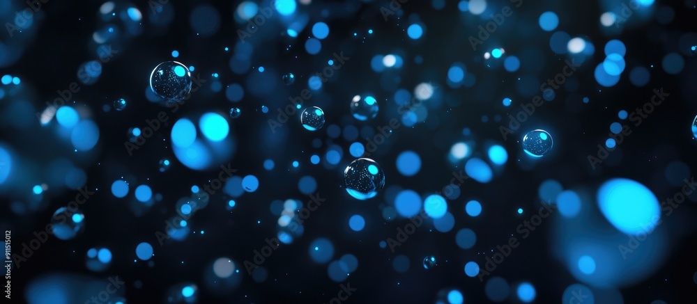 Poster blue bubbles on a black background representing technology computing and digital interface concepts