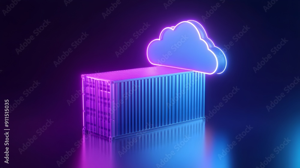 Poster neon-lit shipping container with cloud icon, representing cloud computing, technology, and digital d