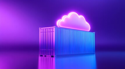 Obraz premium Neon-lit shipping container with a glowing cloud icon, symbolizing cloud storage and hybrid technological solutions.