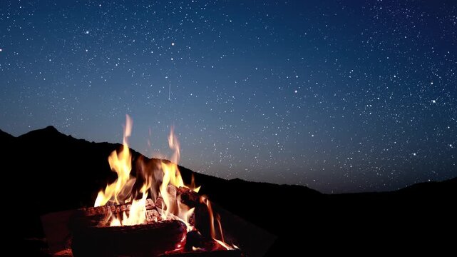 bonfire burns at night against the background of mountains with bright stars..