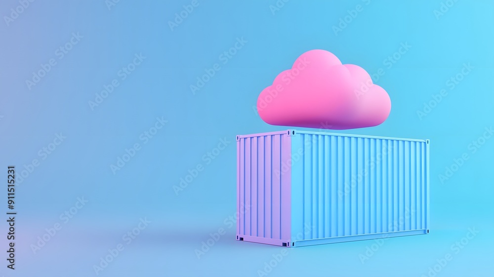 Poster pink cloud hovering over a blue shipping container on a pastel background symbolizing modern technol