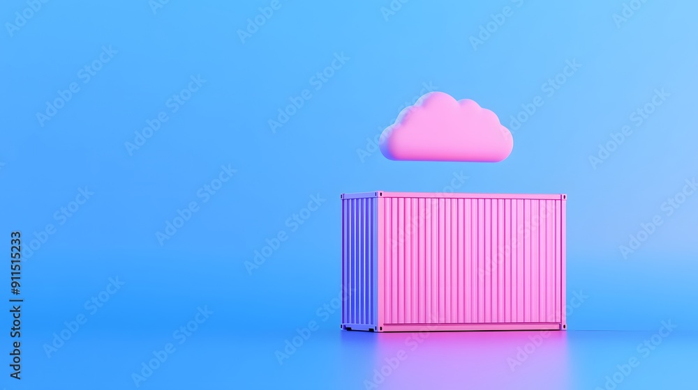 Poster pink cloud floating over a pink shipping container on a blue background, representing cloud computin