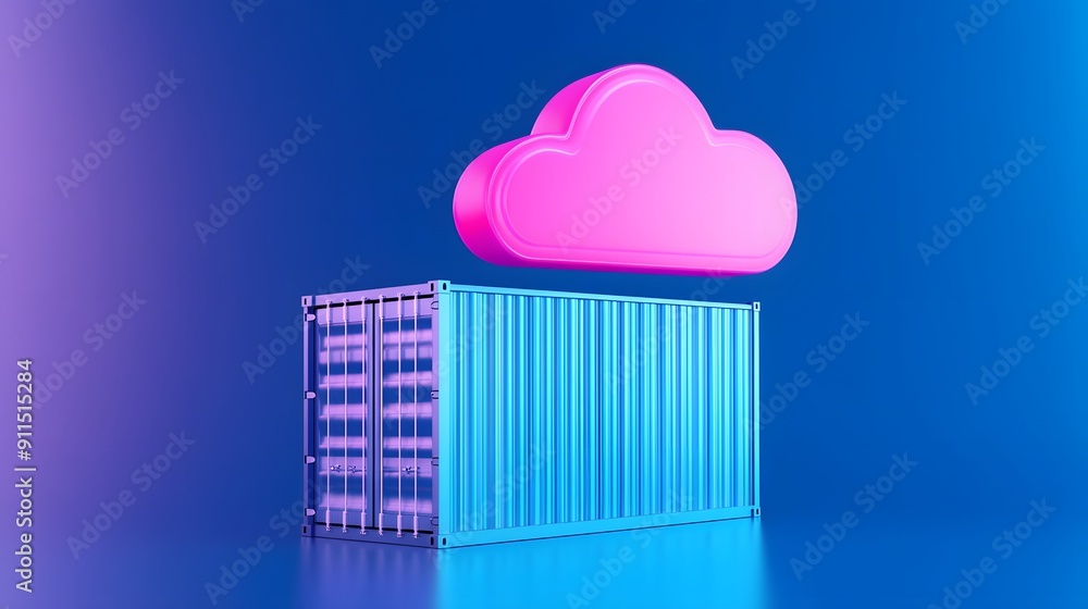 Poster Pink cloud icon over a blue shipping container on a blue gradient background, symbolizing cloud computing and data storage.
