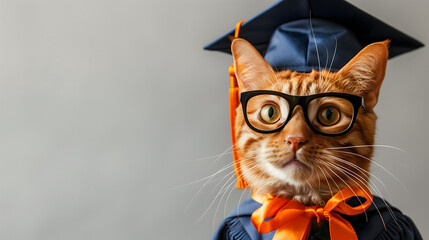 Funny ginger cat in black-framed glasses and a dark blue graduation cap and gown with orange ties against a grey backdrop with copy space