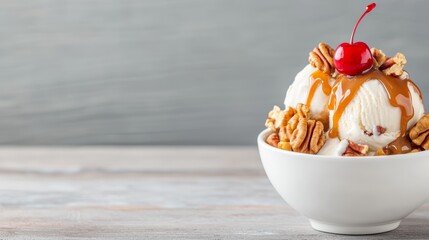 Dairy-free ice cream sundae with caramel sauce, nuts, and a cherry on top
