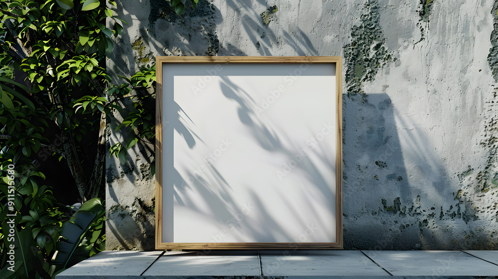 Poster a4 frame mockup. oak wood frame with white canvas inside. resting on an outdoor table in front of a 