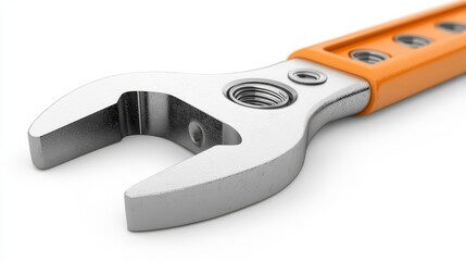 A photo of a metallic wrench with a sturdy handle and an open tool bit set against a stark white background