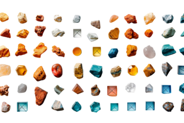 Colorful assortment of raw and polished gemstones displayed in rows, showcasing various shapes and vibrant colors.